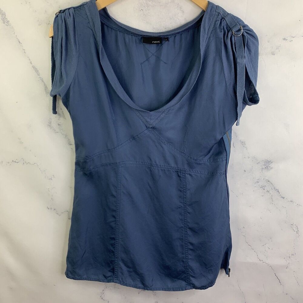 Next 2YK Women Blouse Blue Satin Top 8 M Sleeve Buckel Tie Retro Hong Kong Zip